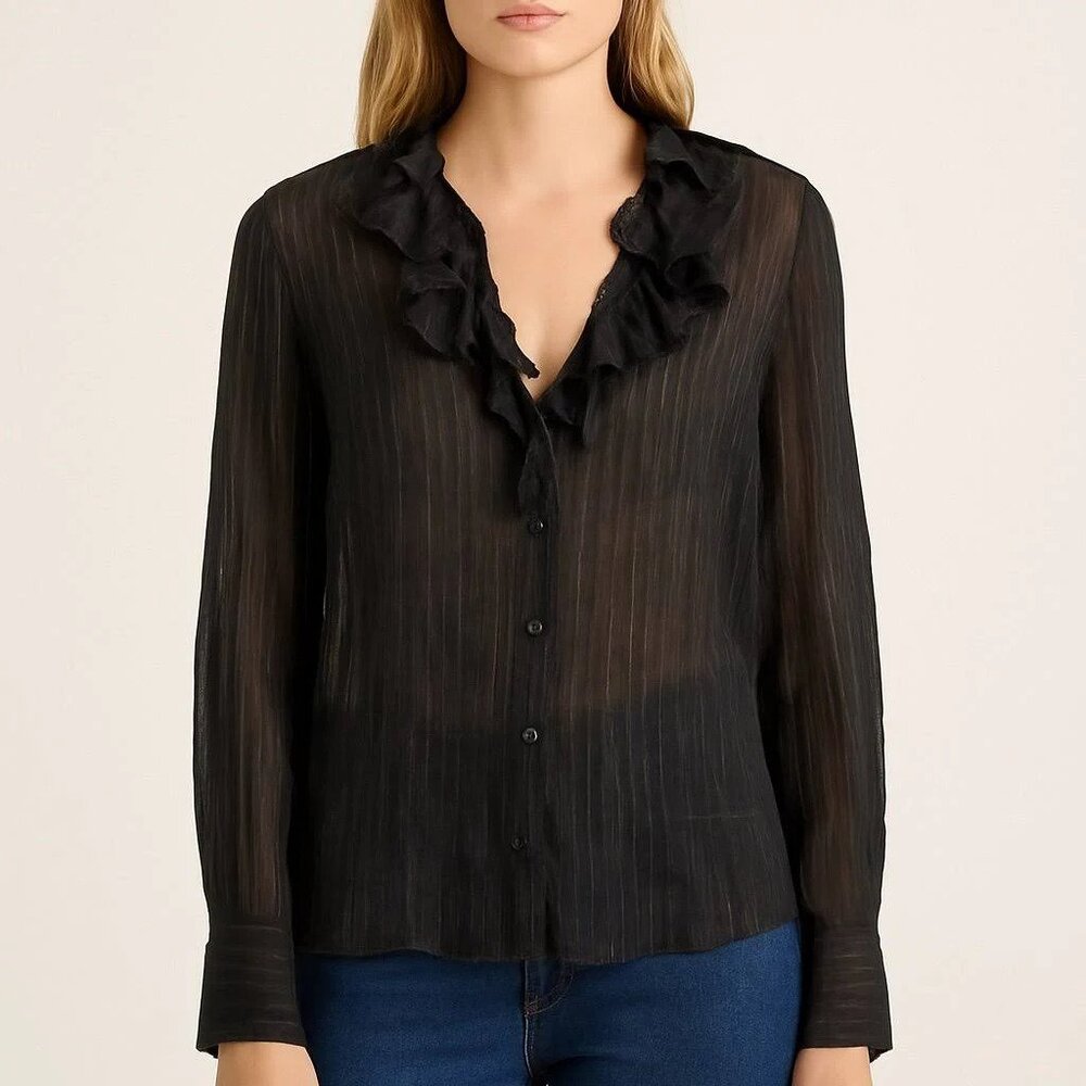 IRO Black Sheer Ruffled Blouse | Size 34 | Women's Designer Top | Elegant & Femi